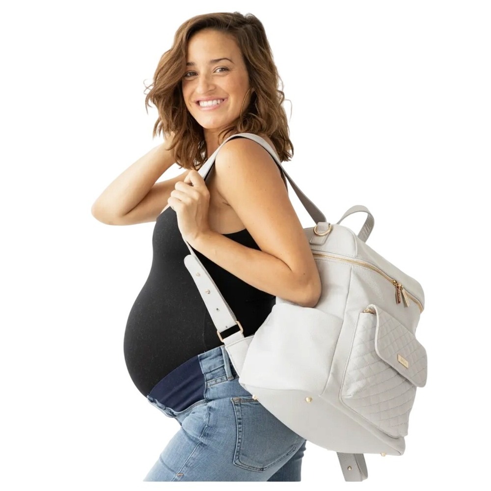 Luli Bebe Monaco Diaper Bag Stone Gray Vegan Leather Backpack Gold Hardware NEW